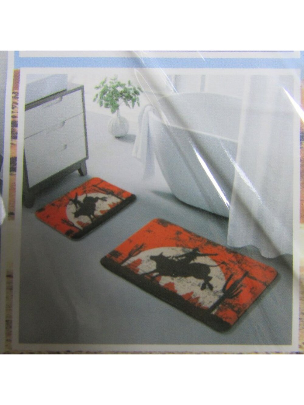 2 Pc Bull Riding Desert Sunset Western Print Bath Rug Set